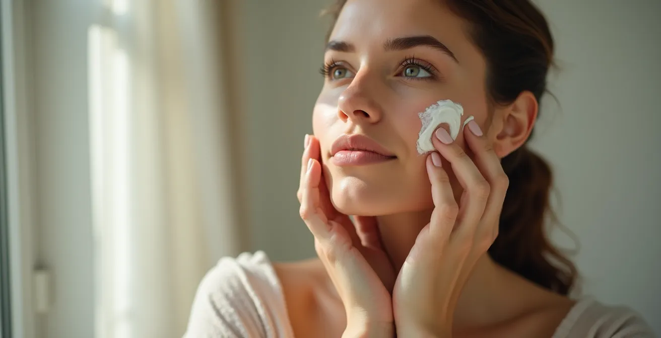 Mains appliquant délicatement une crème sur le visage