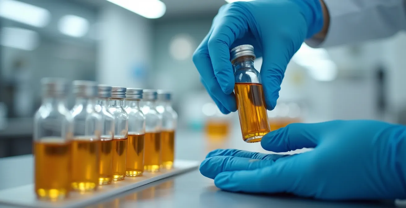 Mains gantées manipulant des échantillons dans un laboratoire moderne avec équipements d'analyse