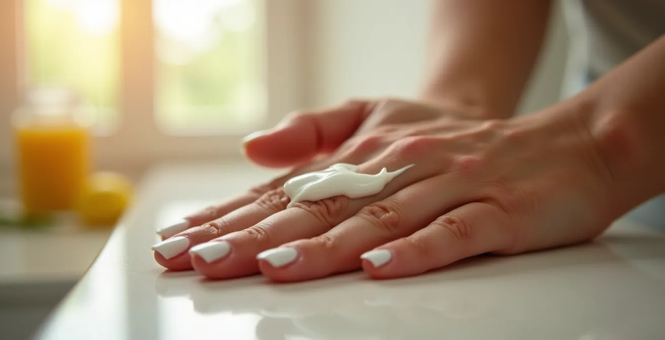 Main de femme appliquant une crème CBD avec focus sur la texture crémeuse