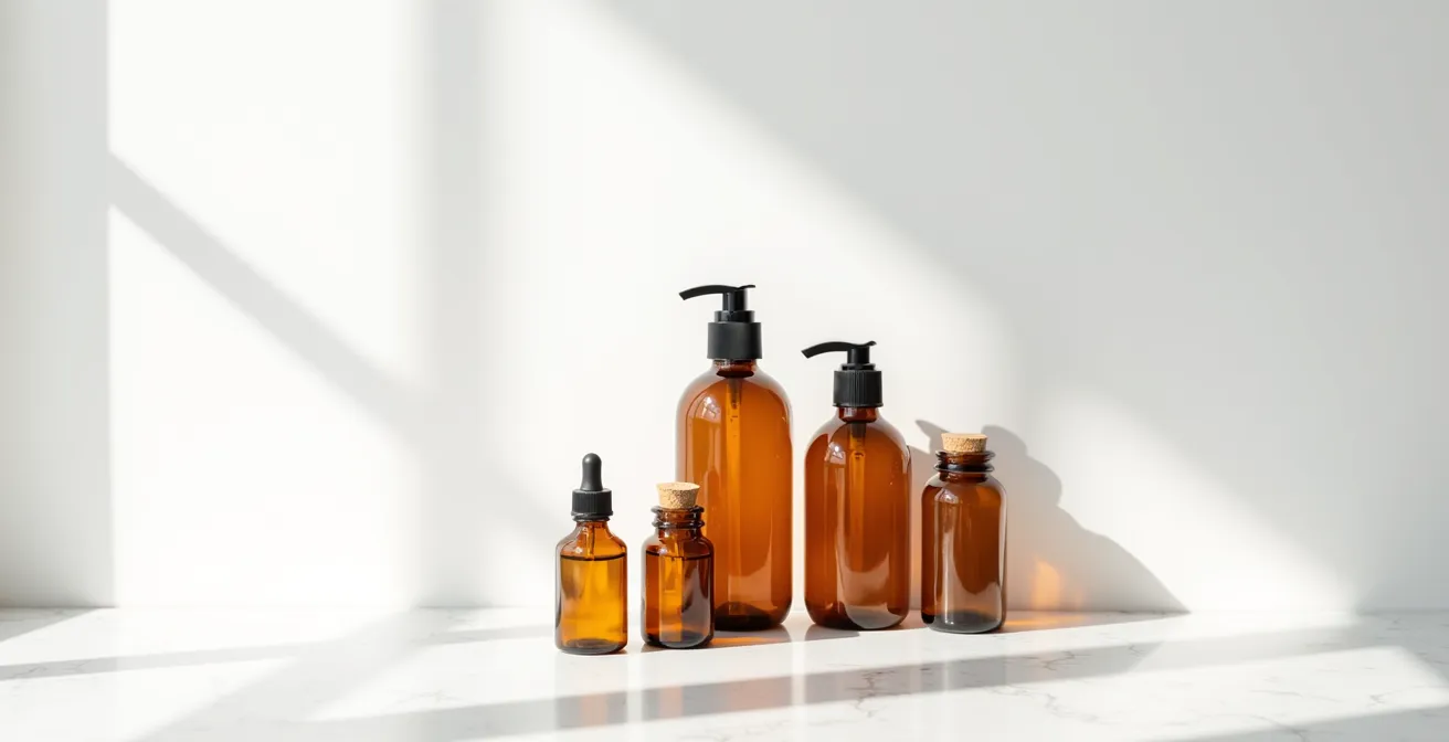 Ensemble de flacons cosmétiques minimalistes sur marbre blanc