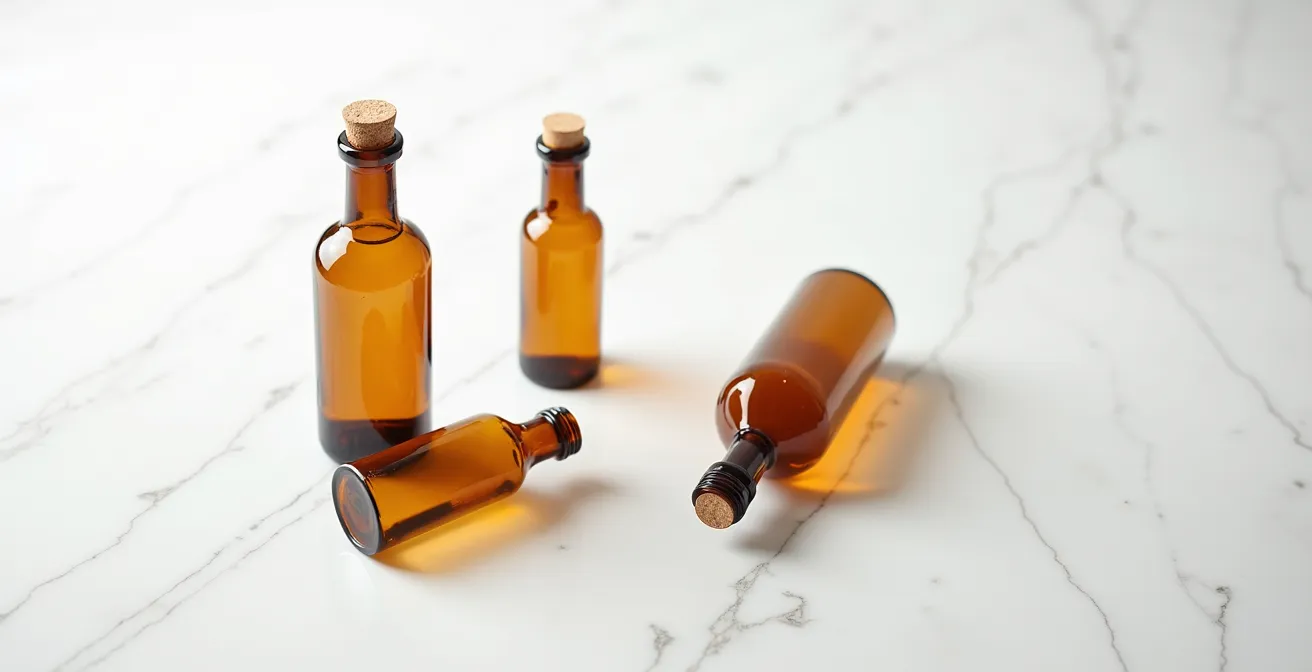 Flacons de soins CBD disposés élégamment sur plateau de marbre