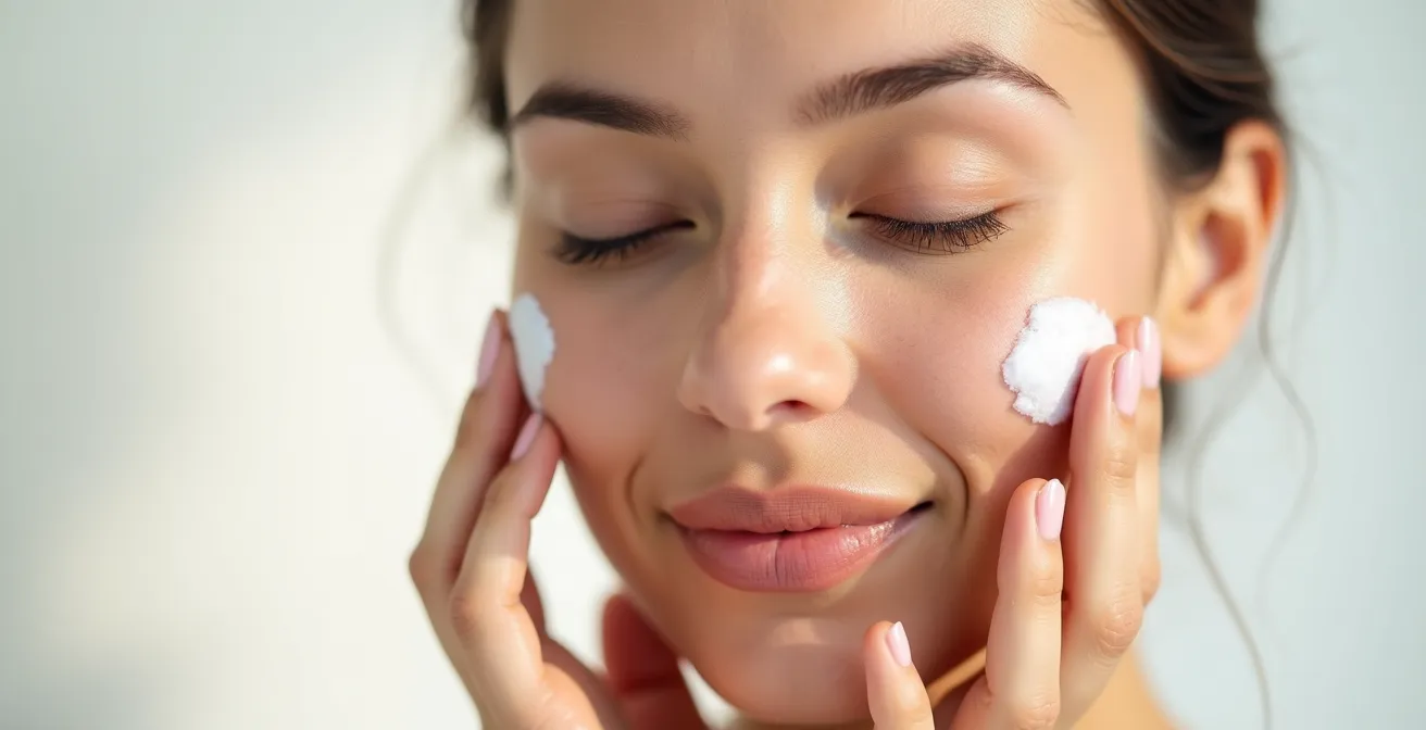 Visage de femme appliquant une crème avec focus sur la texture de la peau