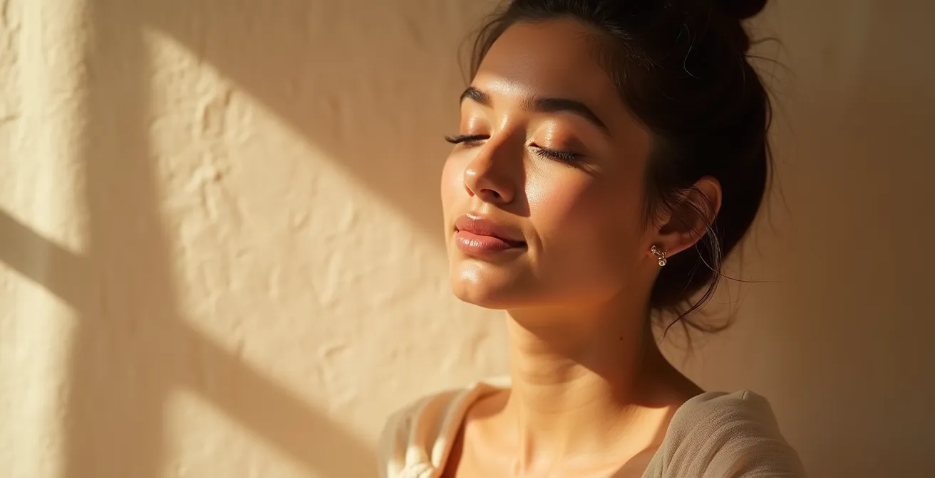Portrait serein d'une femme à la peau éclatante et apaisée