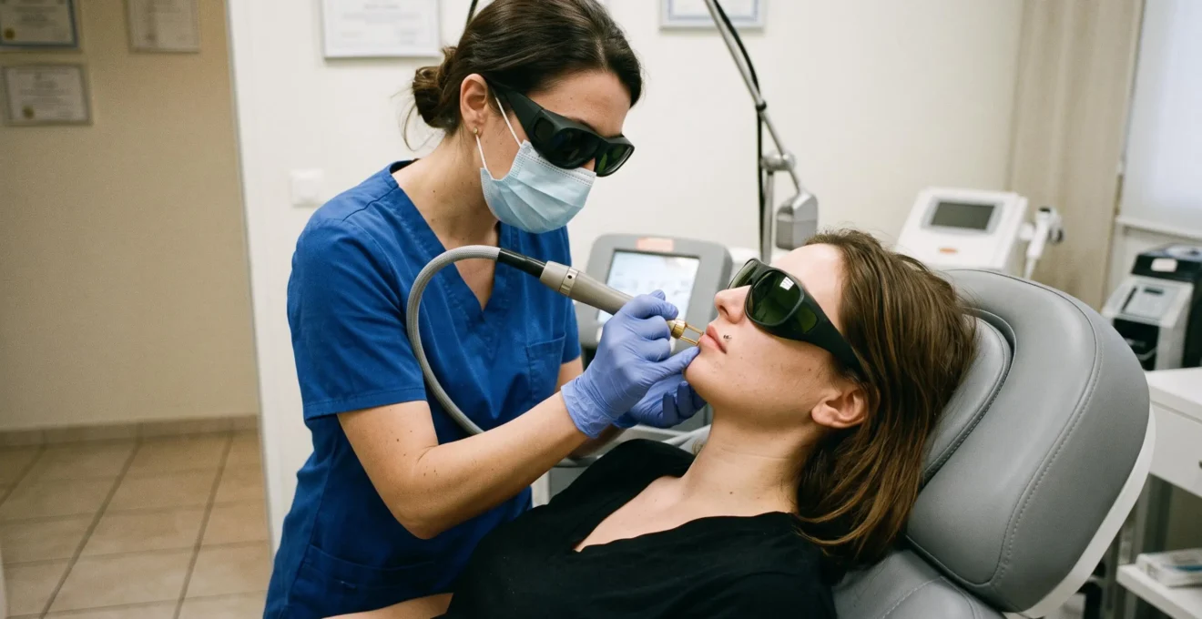 Praticienne réalisant une séance d'épilation laser sur le visage d'une patiente en position semi-allongée