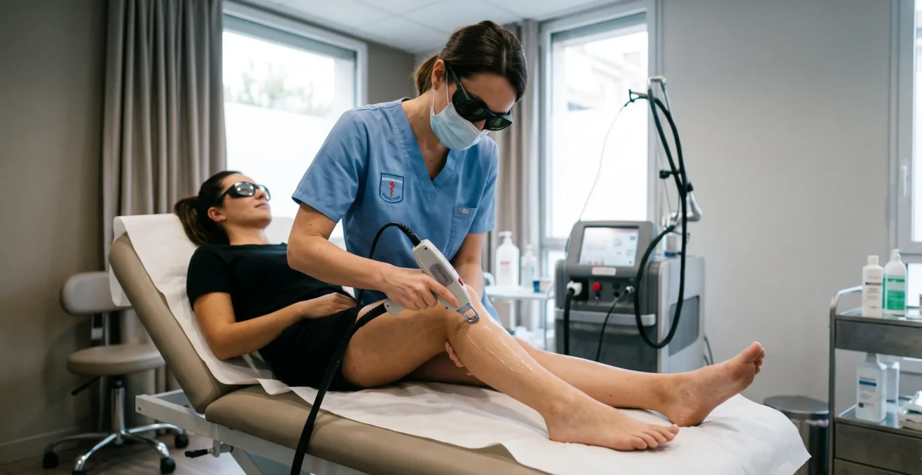 Praticienne réalisant une séance d'épilation laser sur la jambe d'une patiente allongée dans un cabinet médical esthétique