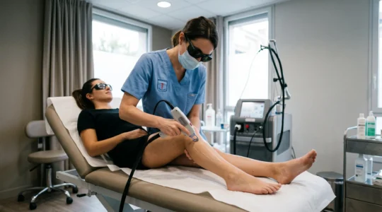Praticienne réalisant une séance d'épilation laser sur la jambe d'une patiente allongée dans un cabinet médical esthétique