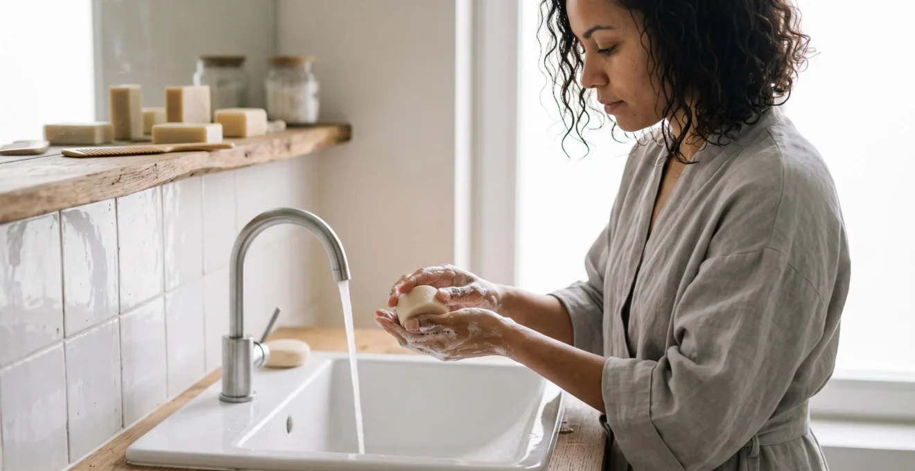 Personne faisant mousser un shampoing solide dans ses mains mouillées près d'un lavabo de salle de bain