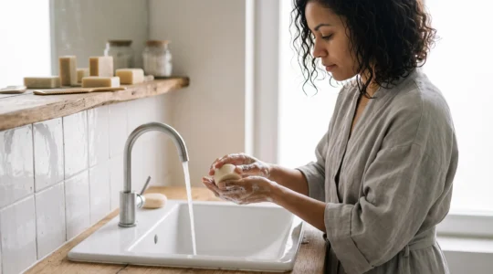 Personne faisant mousser un shampoing solide dans ses mains mouillées près d'un lavabo de salle de bain