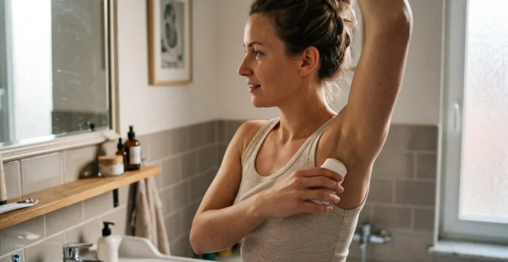 Personne appliquant un déodorant solide sous le bras dans une salle de bain Personne appliquant un déodorant solide sous le bras dans une salle de bain