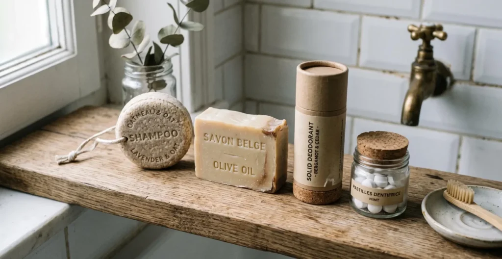 Collection de cosmétiques solides variés disposés sur une étagère en bois dans une salle de bain Collection de cosmétiques solides variés disposés sur une étagère en bois dans une salle de bain
