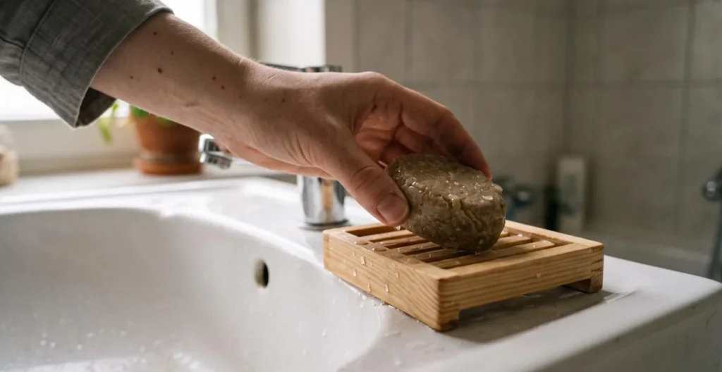 Main plaçant un shampoing solide humide sur un porte-savon drainant en bois Main plaçant un shampoing solide humide sur un porte-savon drainant en bois